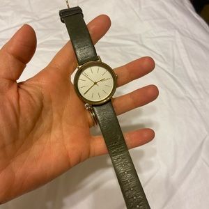 Skagen Olive Green Leather Strap Watch with Gold Case